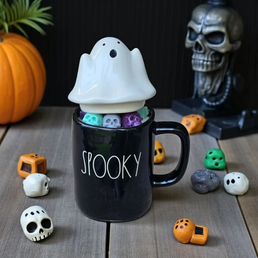 Rae Dunn ✦ Spooky Mug Candle ✦ XL Vanilla Soy Wax Skull & Bat Melts Ghost Lid